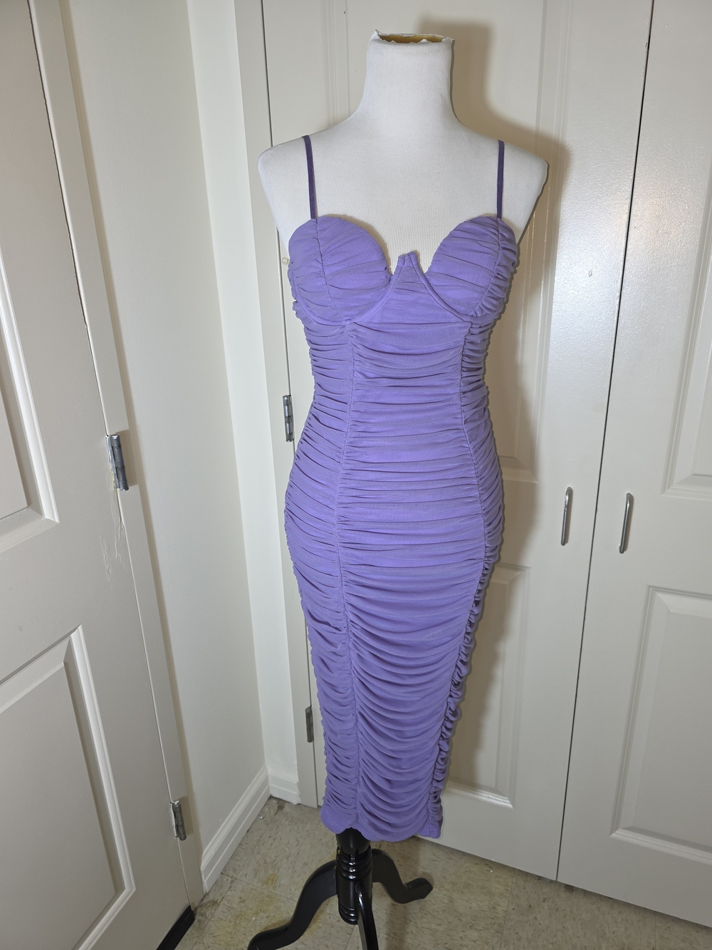 Fashion Nova Lavender Ruched Midi Dress with Spaghetti Straps